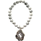T. VICTORIA White Howlite Natural Crown Chakra Healing Anxiety Beaded Agate Slice Charm Gemstone Bracelet 7"