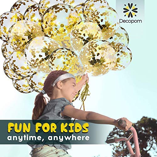 Decopom Gold Confetti Balloons Curling Ribbon - Roll & Flower Clips 57 Pack | Premium 12 Inch Latex Party Balloons - Filled Round Golden Mylar Foil Dot Confetti Birthday, Wedding, Proposal