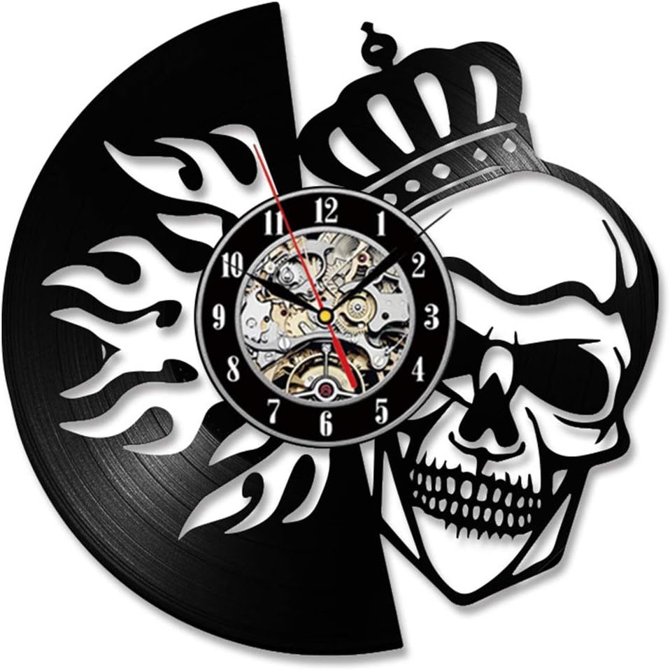 OLDFAI Reloj De Pared De Vinilo, Patrón con Quema Corona Y Calavera