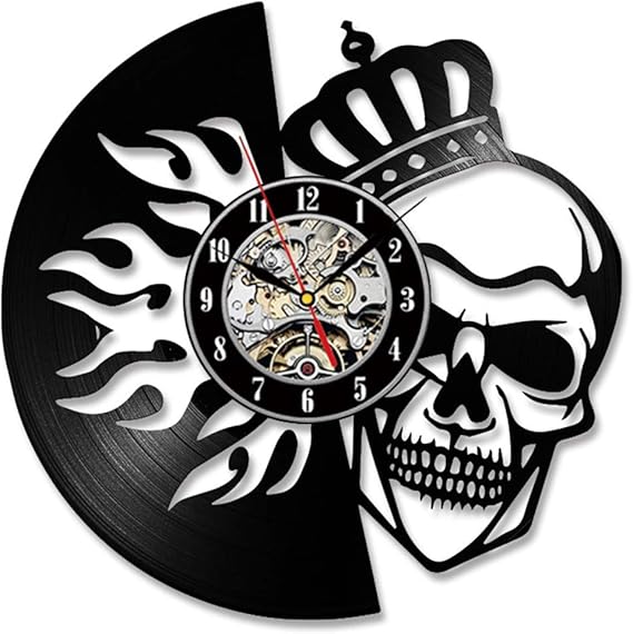 OLDFAI Reloj De Pared De Vinilo, Patrón con Quema Corona Y Calavera