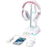 PHNIXGAM RGB Headphone Stand with 3.5mm AUX and 3 Port USB 2.0 Hub, Universal Gaming Headset Hanger Holder for Computer Gaming Gamer Accessories (White)