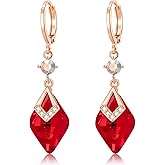 Trendy Austrian Crystal Rhombus Drop Huggie Dangle Earrings for Women 14k Rose Gold Plated Hypoallergenic Jewelry Gifts