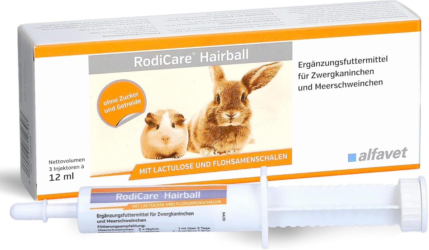 Alfavet RodiCare Hairball, supplementary feed for dwarf rabbits and guinea pigs, promotes the elimination of hairballs, 3 injectors of 12 ml each