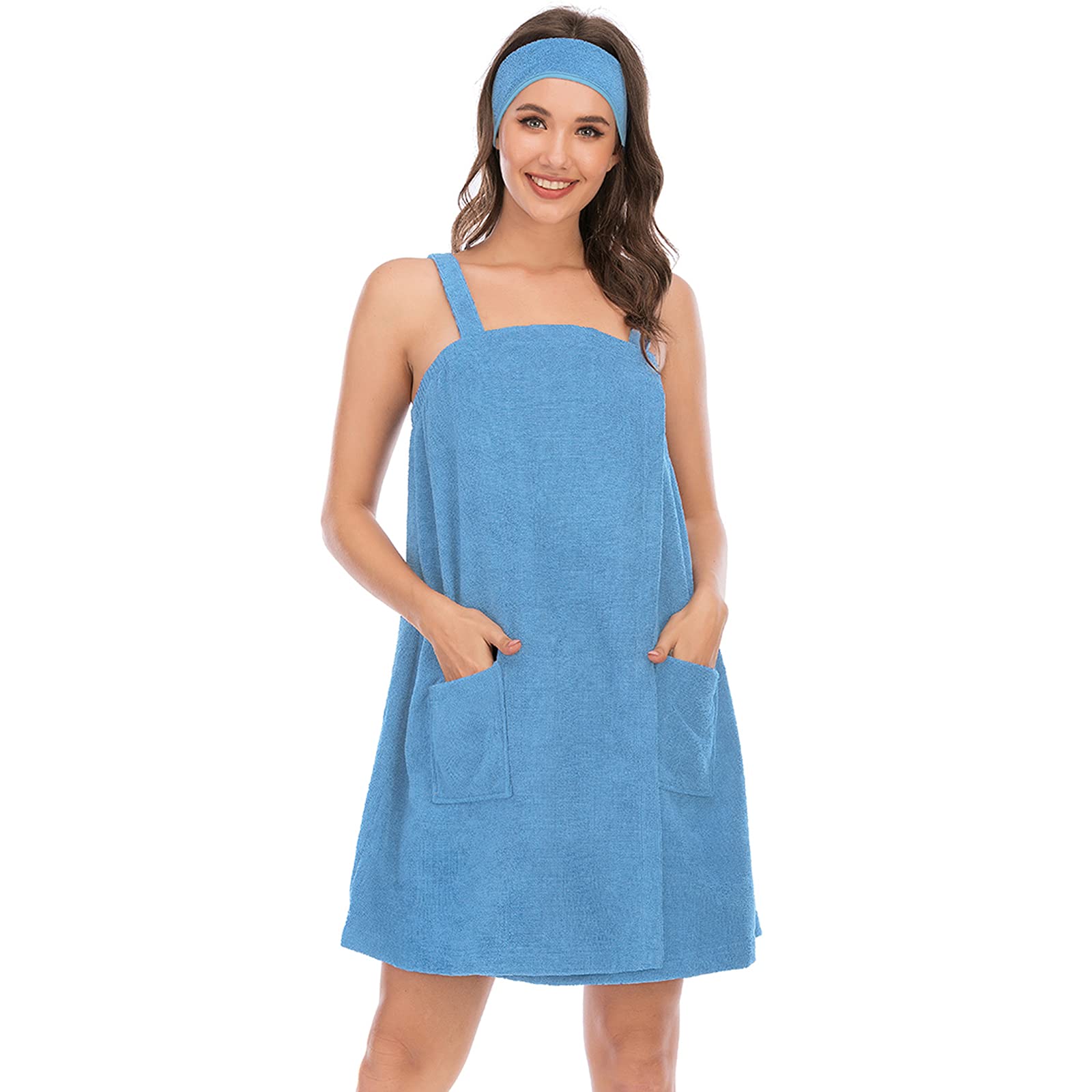 Jamron Womens Adjustable Towel Wraps Bathrobe With Headband for Gym Shower Spa & Beach Cover Ups Blue S