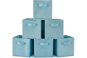 EZOWare Set of 6 Foldable Fabric Basket Bins, 10.5"x10.5"x11" Collapsible Storage Organizer Cube with Handle for Kids Clothes Baby Nursery - Light Blue