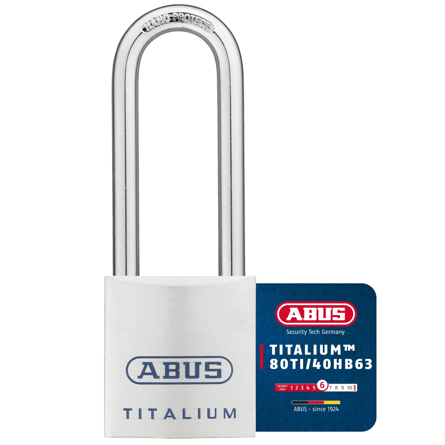 ABUS Titalium Padlock 80TI/40HB63 gl.-8012 - keyed Alike and with high Shackle - Lightweight Lock Body Made of Special Aluminium - ABUS Security Level 6 - Silver