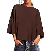 Saodimallsu Womens 3/4 Sleeve Sweaters Lightweight Crewneck Loose Pullover Casual Oversized Fall Knit Tops
