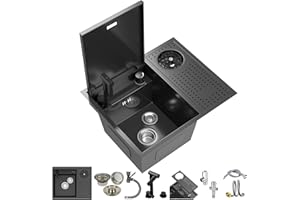 COZHAO Concealed Black Stainless Steel Slow Drop Bar Sink for Center Island, Motor Home, Western Style Countertop，Included Rotating Folding Faucet，Press Cup Washer（21.6 x 17.7 inch）