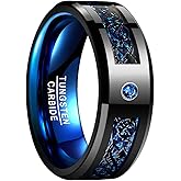 NUNCAD 6mm/8mm Tungsten Carbide Ring for Men Women Black Celtic Dragon and Blue Carbon Fiber Inlay Wedding Band Size 7-17