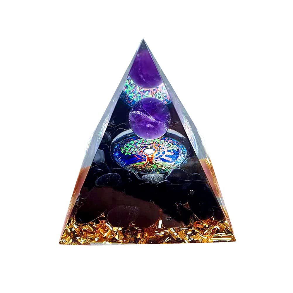 ycyingcheng Obsidian Pyramid Ogan Crystal Energy Tower, Nature Reiki Chakra Crushed Stone, Amethyst Ball Crystal Orgone Pyramid Crystal Pyramid of Courage Healing Throat Chakra Stress Relaxation