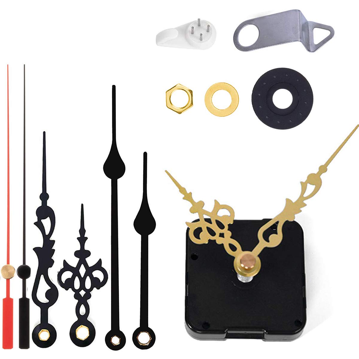 HILLHOME Non-Ticking Hands Quartz DIY Wall Clock Movement Mechanism DIY Repair Parts Replacement with 3 Different Pairs of Hands (Shaft Length 1/2 inch)