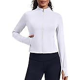 PINSPARK Women Cropped Workout Jackets Full Zip Slim Fit Athletic Jackets Thumb Holes Running Jacket with Zipper Pockets