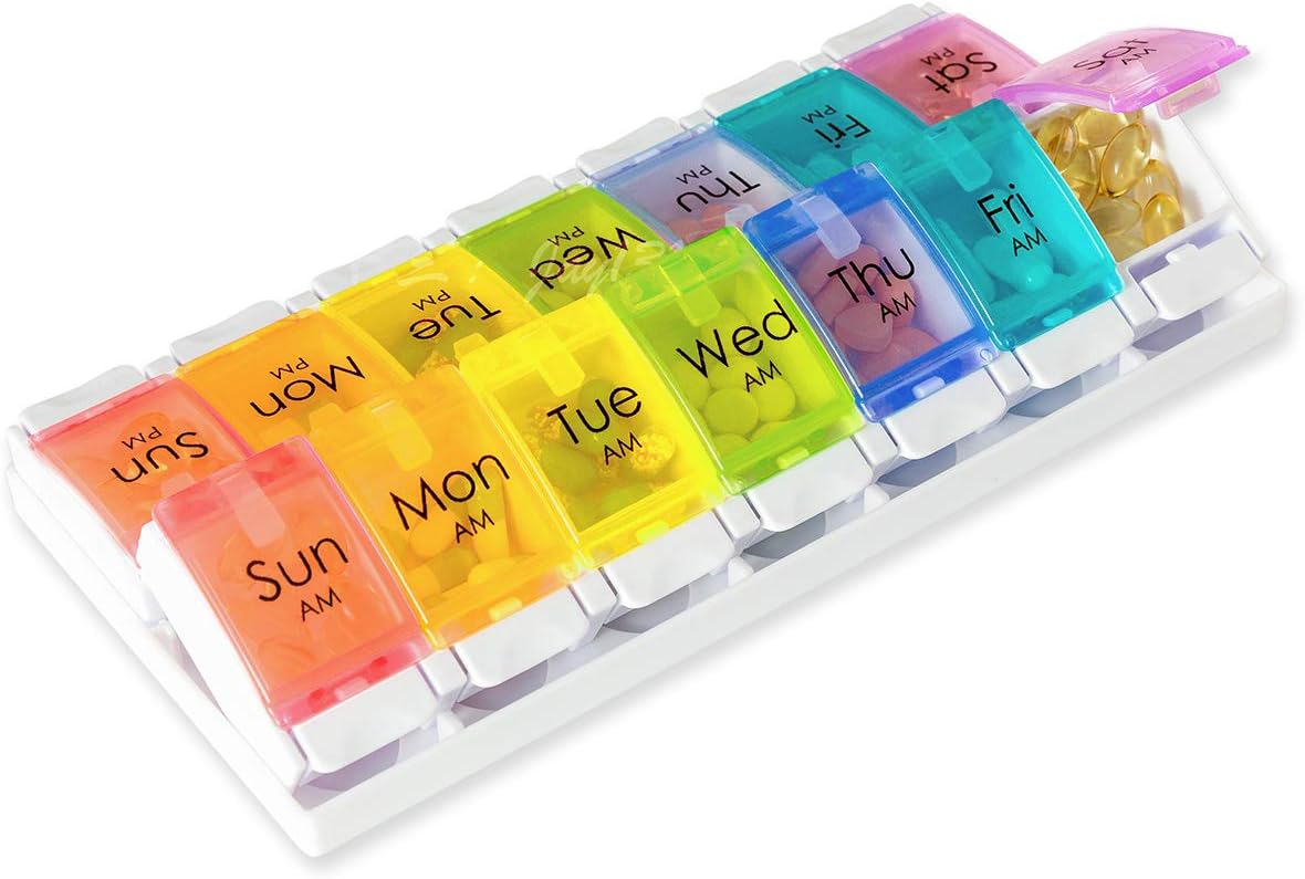 KCHEX Weekly Pill Organizer 2 Times a Day(AM/PM), Large 7 Day Push Button Pill Box Case, Travel Pill Container, BPA Free Medicine Organizer, Kid Daily Pill Holder to Hold Fish
