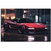 FeoYoed Jdm Car Nsx Canvas Wall Art Posters Decor Wall Painting Art Prints Decorations for Bedroom Living Room Office Aesthetic Japanese Red Car Driving On Rainy Street 12x18inch(30x45cm)