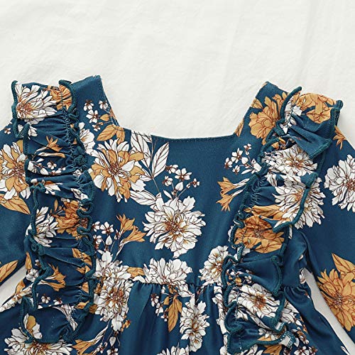 Kids Little Toddler Baby Girls Fall Outfit Ruffled Long Sleeve Floral Dress Shirt Tops + Lace Pants Winter Clothes Set Blue