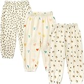 GFQLONG Toddler Baby Girls 3 Pack Elastic Waist Pants Soft Cotton Linen Harem Bloomers Summer Fall Long Pants