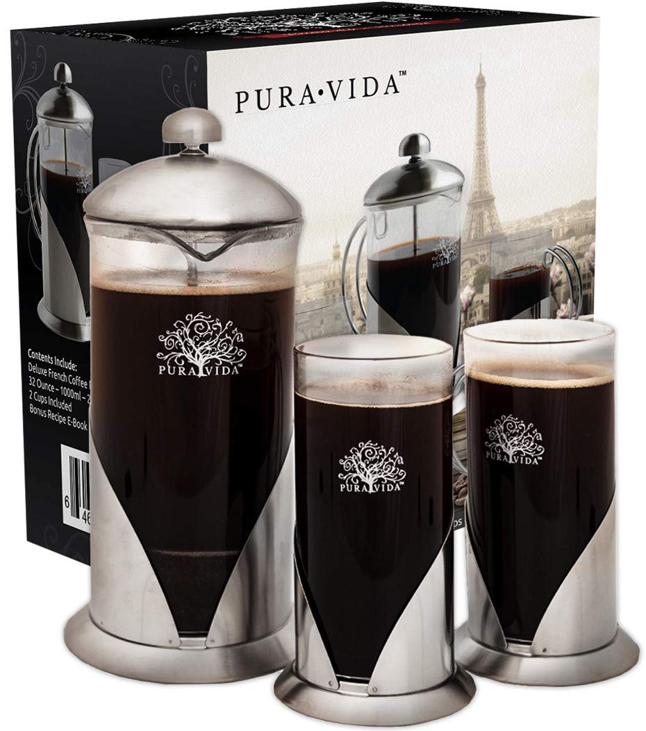 Pura Vida French Press Coffee Maker Set, 34 oz 4 Level Filtration