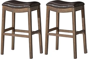 Maven Lane Adrien Backless Bar Stool – Set of 2 – 31 Inch Saddle Seat with Footrest – Brown Solid Wood Frame & Beige Faux Leather Upholstery – Ideal for Bars, Pub Tables & Tall Kitchen Counters
