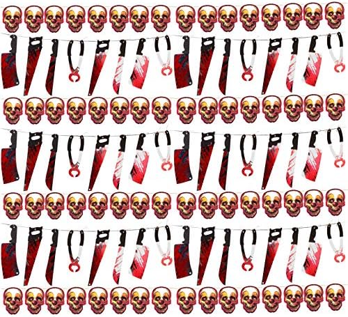 by Robelli 12pc / 24m Halloween Hanging Bunting Garland Trick Or Treat Decorations - 6x 2.2m Clown Skull + 6x 1.8m Bloody Foam Weapons Bunting