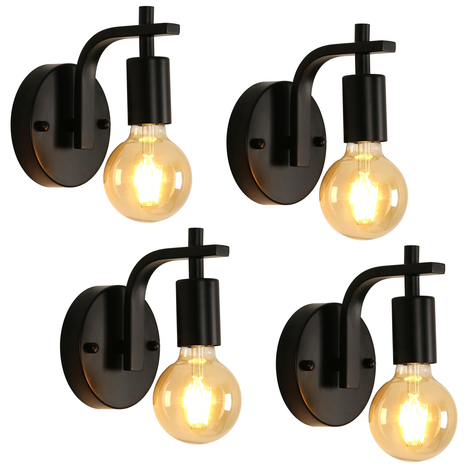 Pheashine 4 Pack Industrial Wall Lights Vintage E27 Metal Wall Sconces Lights Indoor Black Wall Lamps for Bedroom Living Room Kitchen Hallway,Restaurant, Bar (Not Included Bulb)