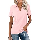 TICTICMISS Women's Polo Shirts Short Sleeve V Neck Summer Tops Business Casual Collared Shirts Loose Tees