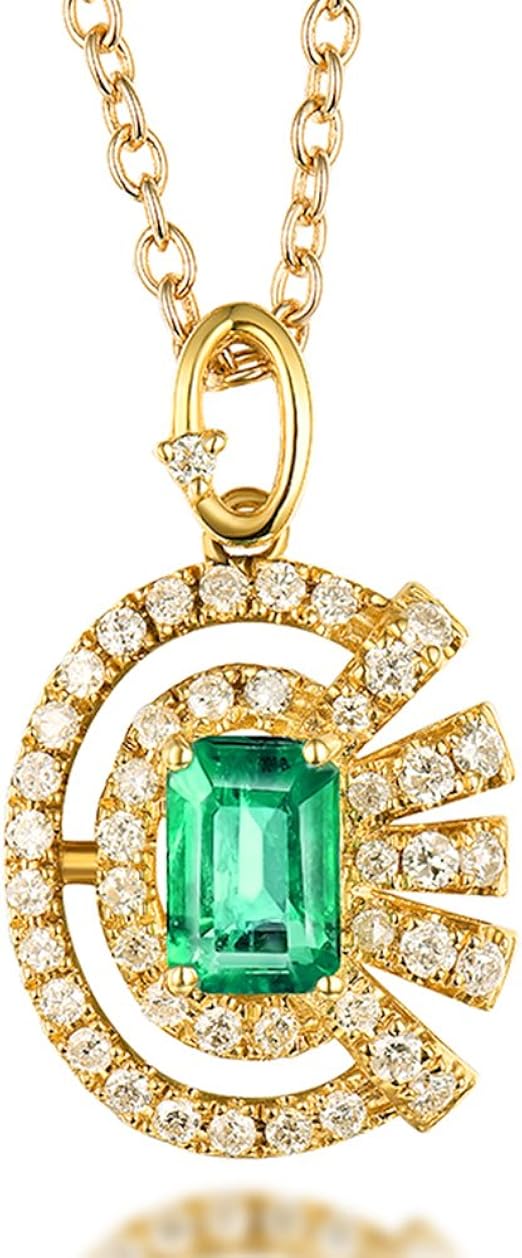 14K Yellow Gold Natural Emerald Diamond Pendant Necklace For Women