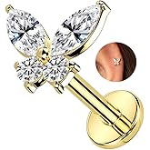 ALACLO 1Pcs 14K Yellow/White Gold Cartilage Earring for Women, 16G Threadless Flat Back Top Push in, Butterfly Tragus Helix Labret Lip Stud Piercing Jewelry