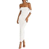 PRETTYGARDEN Womens 2026 Summer Off The Shoulder Dress Ruched Bodycon Sleeveless Split Cocktail Party Maxi Dresses