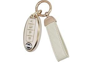 SUNCARACCL for Nissan Key Fob Cover with Leather Keychain, Soft TPU Full Protection Key Case Shell for Nissan Altima Maxima Rogue Armada Pathfinder Smart Key 4 Buttons (White)