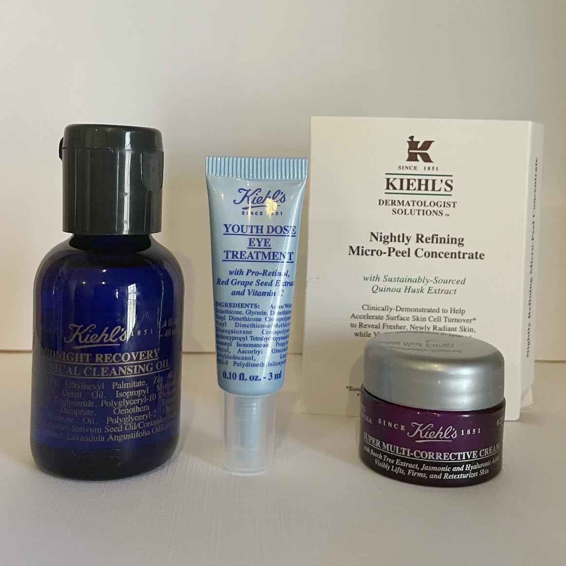 Kiehl's 4- pc Travel Set: Super Multi Corrective Cream, Midnight Recovery Cleansing Oil, Concentrate & Eye Treatment