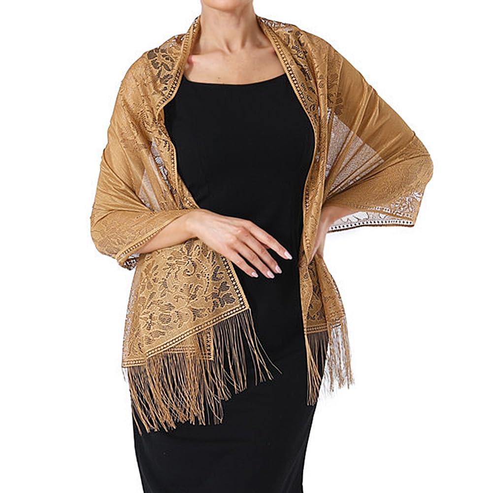 Ladiery Women's Floral Lace Scarf Shawl with Tassels, Soft Mesh Fringe Wraps for Wedding Evening Party Dresses