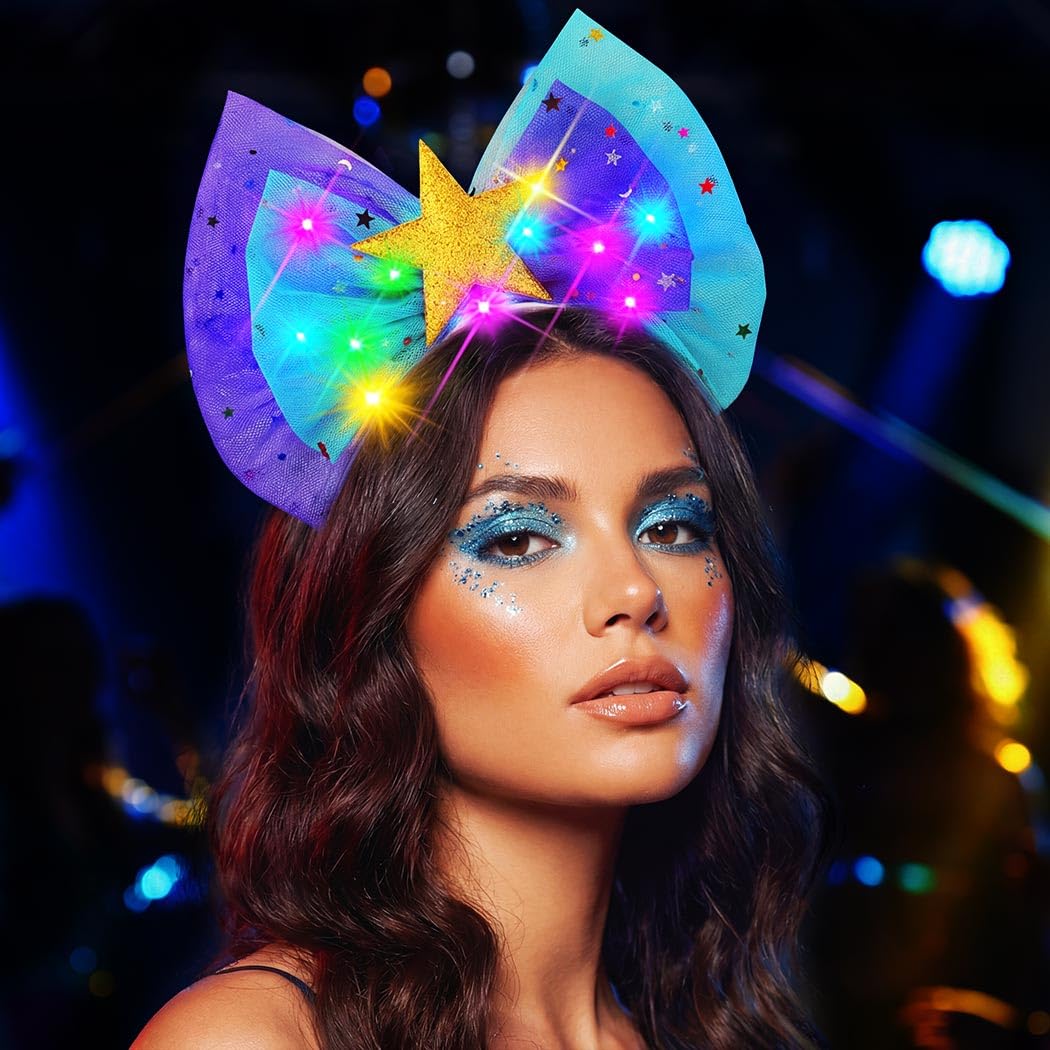 View 1 of **2 pack***JEARITS Light Up Bow Headband Glowing Star Headpiece Birthday Hair Bow Accessories for Women