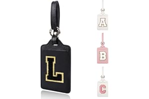 XSUIOY Personalized Initial Luggage Tags for Suitcases, Leather Chenille Letter Cute Luggage Tags with Privacy Cover Name Card, Embroidered Luggage Travel Bag Tags Gifts for Women Kids Teens(Black-L)