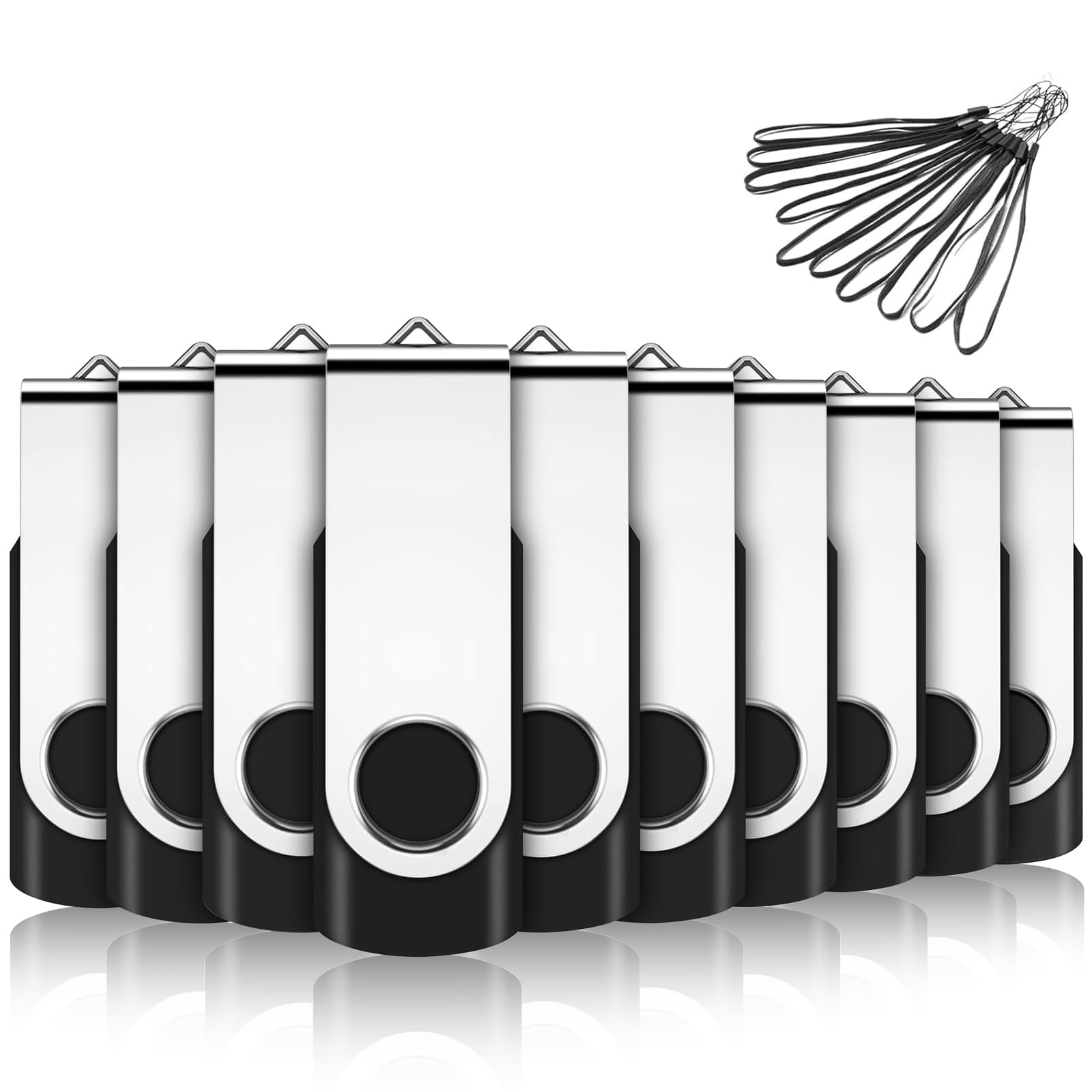 10 Pack USB Memory Sticks 2GB EASTBULL USB 2.0 Flash Drives Pen Drive Photo Memory Stick Swivel Design Fold Storage (Black With Lanyard)