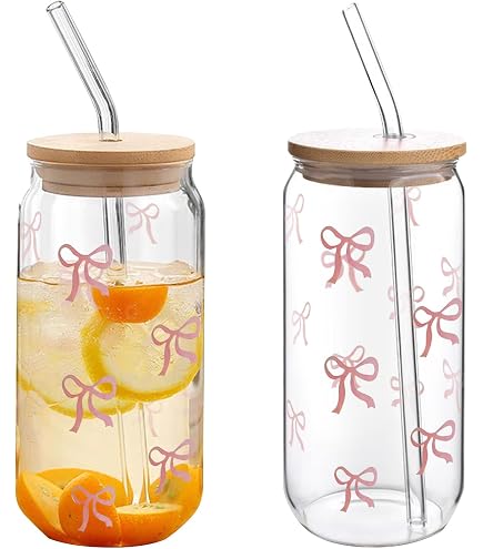 Bow Glass Cups With Lids 2-Pack & Straws - 16oz Aesthetic Drinkware For ...