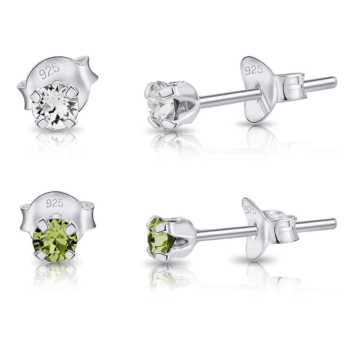 DTPSilver - Set of 2 PAIRS of 925 Sterling Silver Round TINY Stud Earrings made with Glittering Crystals from Swarovski® Elements - Diameter: 3 mm - Colour : Peridot