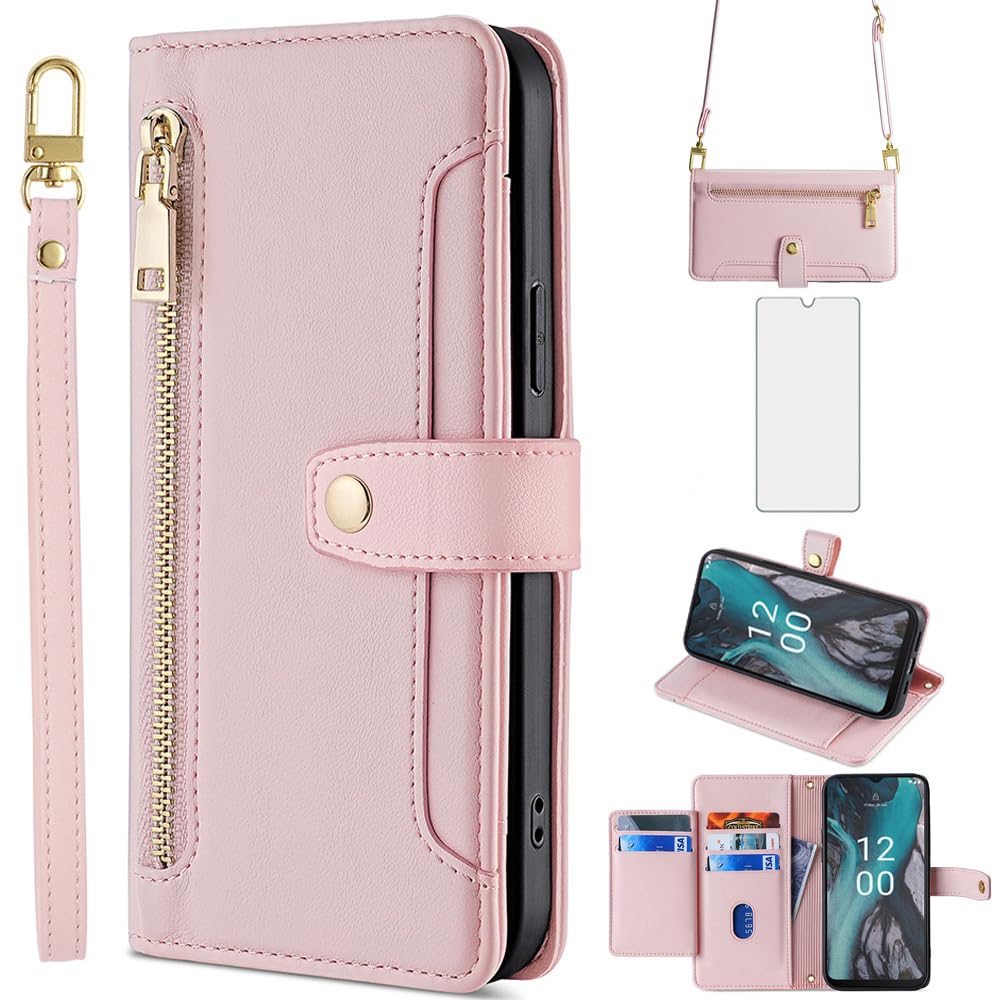 Asuwish Phone Case for Nokia C22 Wallet Cover with Tempered Glass Screen Protector and Leather Zipper Stand Card Holder Slot Flip Folio Cell Accessories Protective C 22 22C 6.5 inch Women Rose Gold