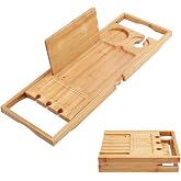 Utoplike Bamboo Bathtub Caddy Tray for Tub, Expandable Bath Table Trays | Adjustable, Bathroom Organizer with Book Tablet Stand, Wine Glass Cup, Towel Holder (24.5"-37.4")