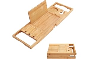 Utoplike Bamboo Bathtub Caddy Tray Bath Tray for Tub, Adjustable Bathroom Bathtub Organizer with Book Tablet Wine Glass Cup Towel Holder (24.5"-37.4")