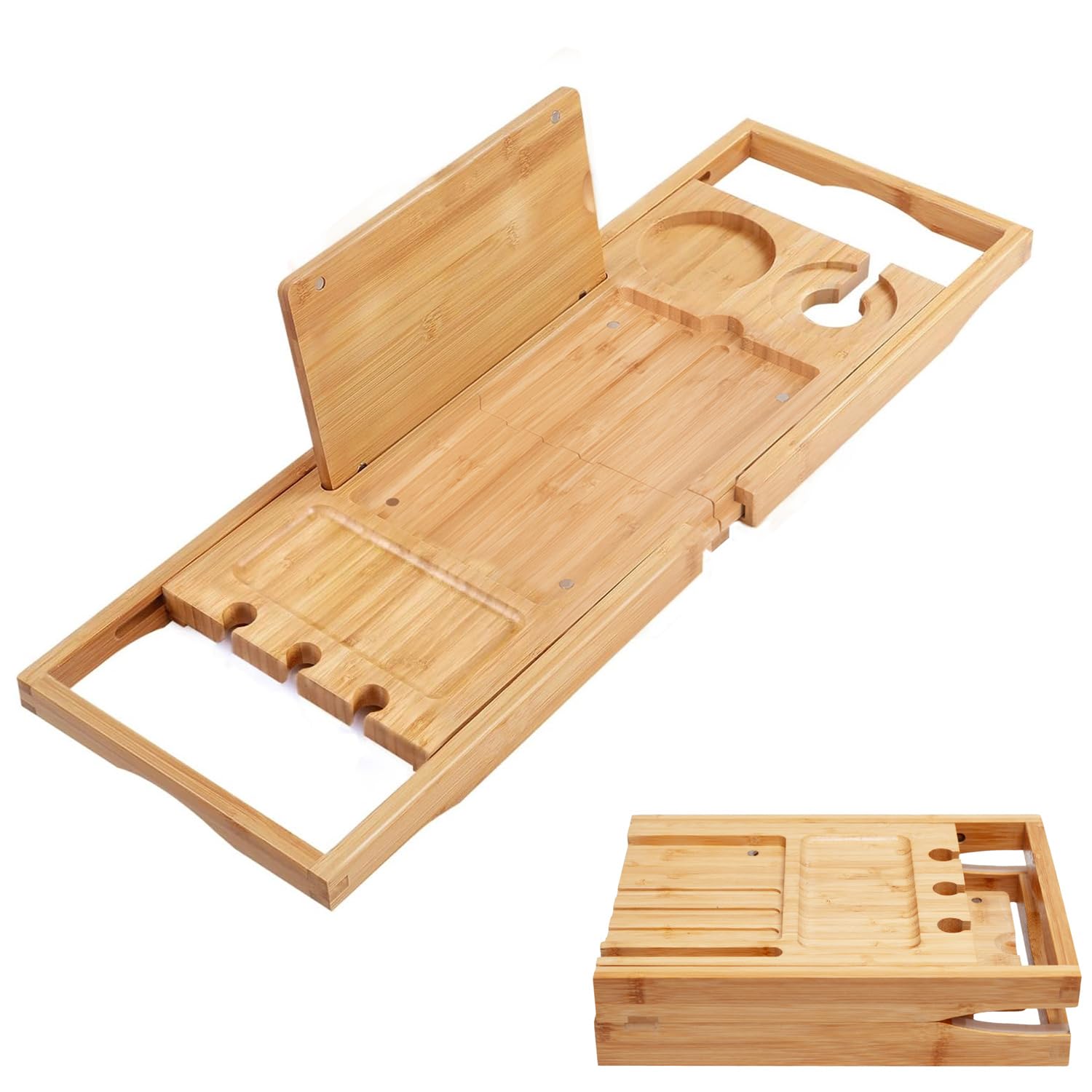 Utoplike Bamboo Bathtub Caddy Tray Bath Tray for Tub, Adjustable Bathroom Bathtub Organizer with Book Tablet Wine Glass Cup Towel Holder