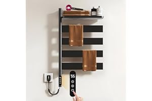 DOKKOME Swivel Heated Towel Rack, Wall Mounted Electric Towel Warmer Rack, 4 Square Bars Towel Dryer with Tray, Towel Heater with LED Timer and Temperature Control for Home, Bathroom