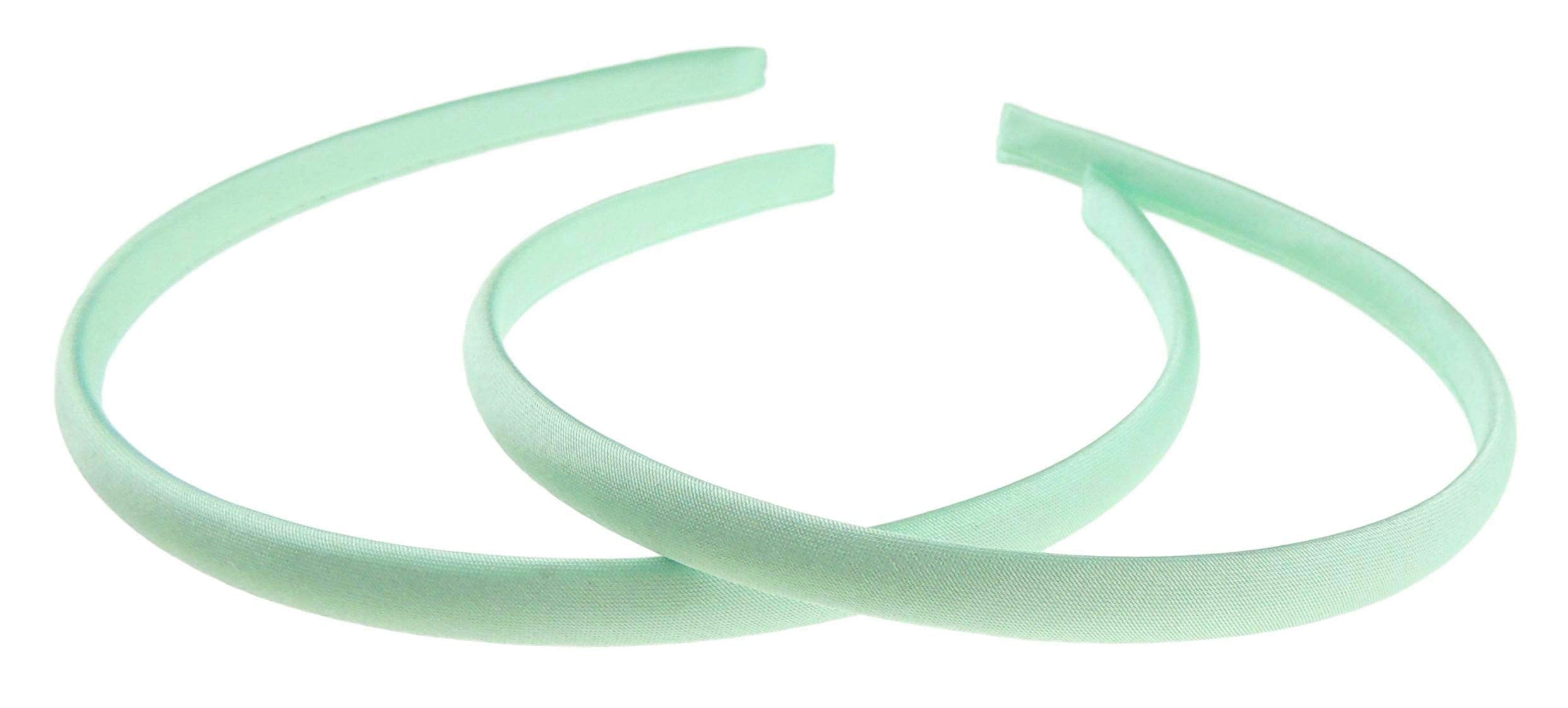 Pair of 2 Slim Thin 1cm Satin Covered Teens Girls Bridesmaid Basic Party Satin Plain DIY Alice Headband Hairband Head Hair Band Kids School Uniform (Mint, One Size)