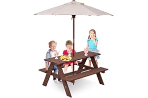 HSLGOVE BETTARY Kids Picnic Table, Wooden Toddler Activity Table with Removable Umbrella, Children Backyard Furniture for Patio, Garden, Gift for Girls & Boys, Kids Table and Bench Set for Outdoors Indoors