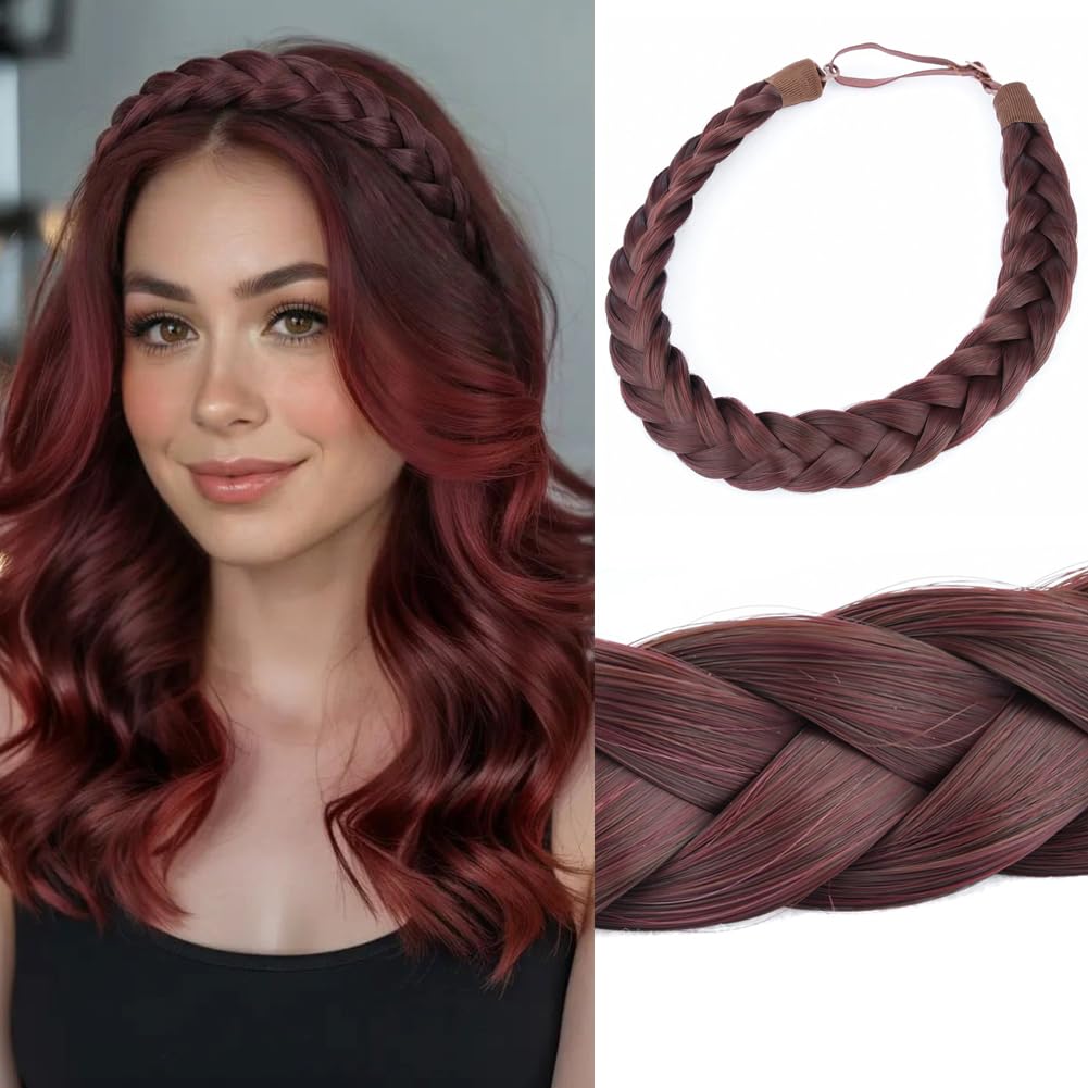 Gledola 2 Strands Fishtail Plaited Braids Headband Braided Synthetic Hair Elastic Stretch, Hair Accessory for Bride, Women, Teens, Girls, Wedding (Dark Burgundy Brown)