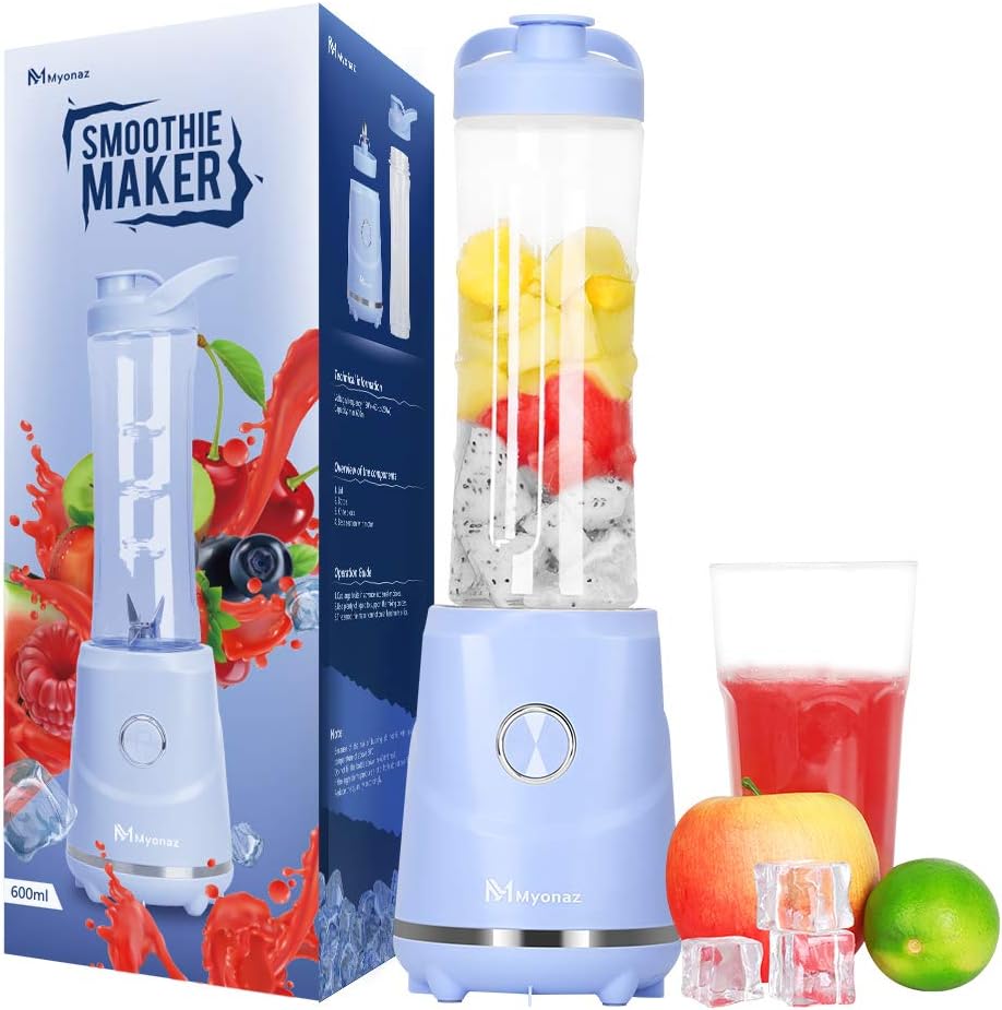 MYONAZ Portable Blender 600ML Electric Power Mixer with Travel Sport Bottle & Lid 120V Blender for Smoothies and Shakes (Blue)