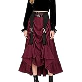 Rosegalette Womens Goth Steampunk Black Floral Lace A Line Midi Red Skirt Lace up Ruched High Low Asymmetrical Pirate Skirts