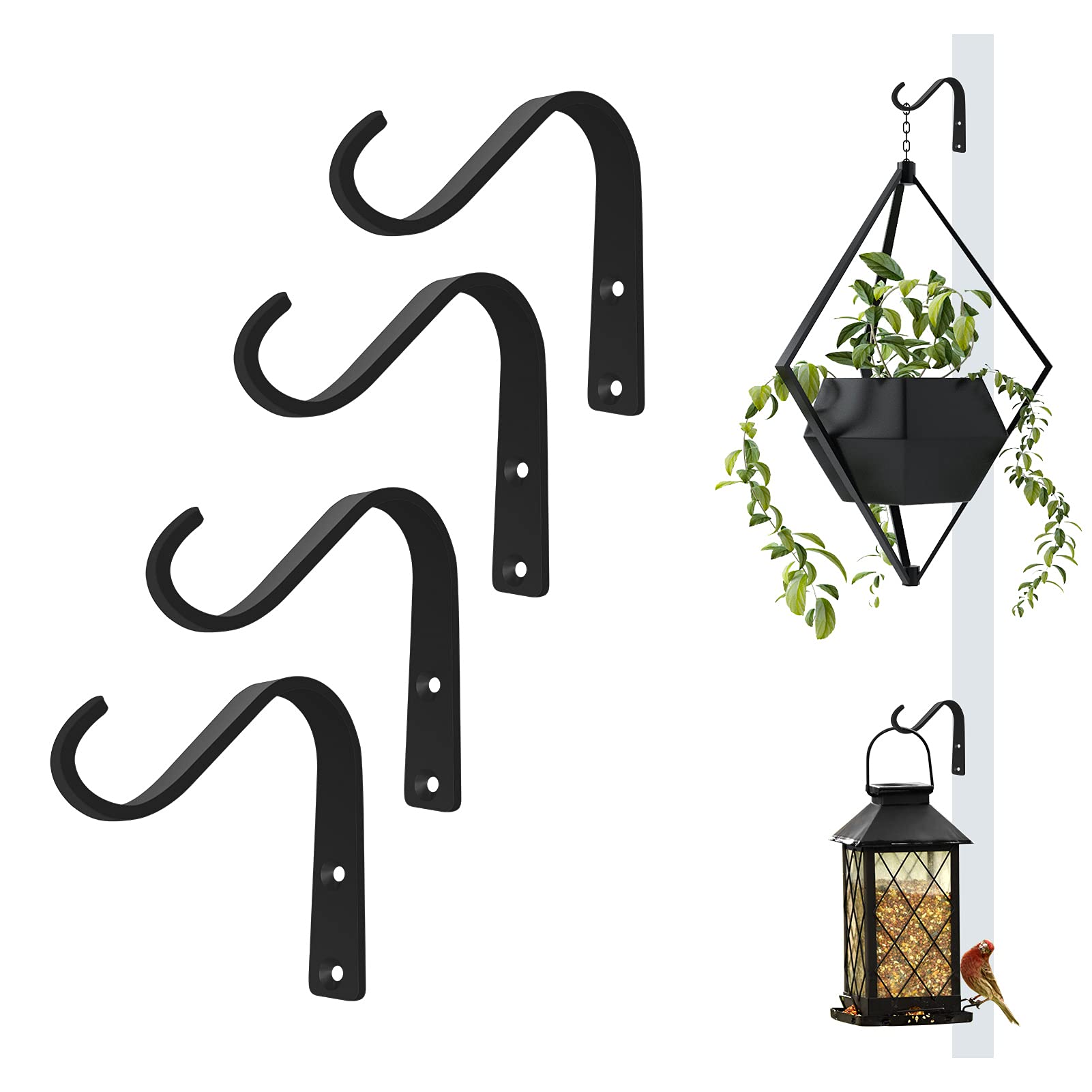 BEVIEVER Cast Iron Wall Plants Hanging Basket Brackets, 4 Inch Plant Hooks for Hanging Plants Lantern Bird Feeder Hanger Bracket Outside, 4 Pack