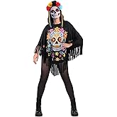 ROC PARTY Adult Day of the Dead & Skeleton Poncho Set for Women - One Size Halloween Costume with Fringe