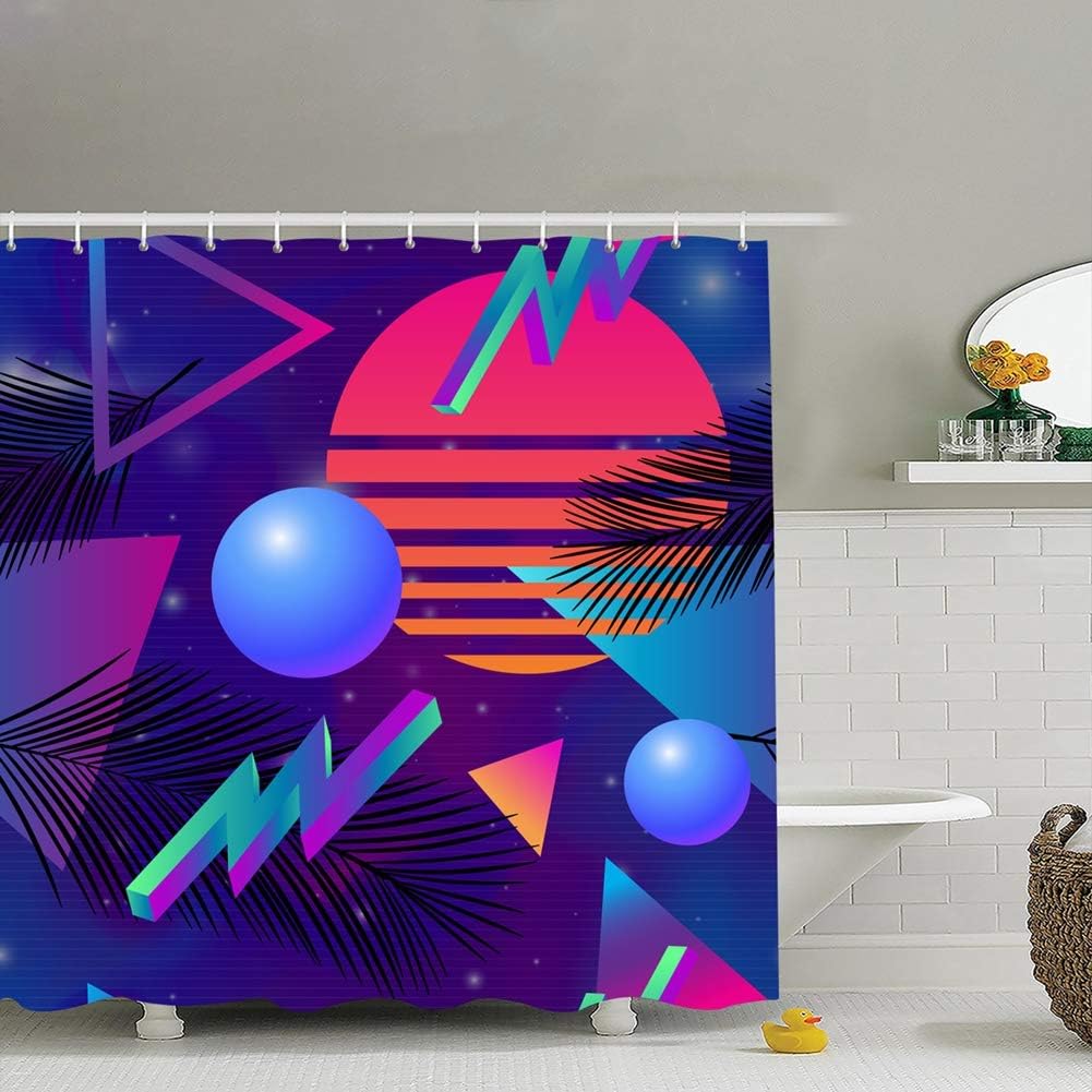 Retro Futuristic 1980 Style Backgrounds Textures neon Fabric Bathroom Decor Set with Hooks, 72 x 72 Inches