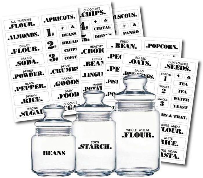 6Sheets 132Pieces Creative Self Adhensive Black Food Storage Labels Waterproof Kitchen Labels Classification Stickers Home Organization for Canisters Jars POP Food Storage Container